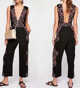 Free People Black, Red & White Paisley Print V-Neck Sleeveless Jumpsuit, Size XS - Picture 1 of 7