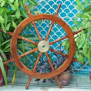 36" Brass Nautical Marine Wooden Steering Ship Wheel Ring Pirate Captain Wheel