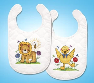 Kit de punto de cruz estampado ~ Baberos de bebé divertidos con animales Design Works (2) #DW7105 - Imagen 1 de 3