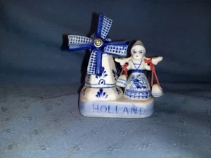 Dutch Holland Delft Blue Windmill and Milk Maid w/Water Buckets Figurine - Picture 1 of 5