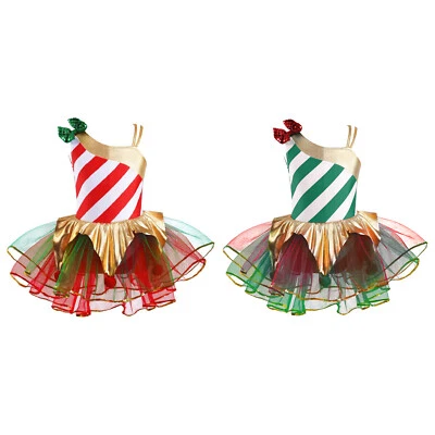 UK Kids Girls Christmas Dance Costume Candy Cane Striped Ballet Tutu Dance Dress - Image 1 of 2