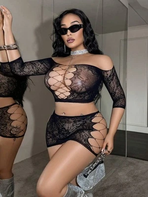 Ensemble lingerie sexy grande taille pour femme top en résille et jupe moulante - Photo 1/4
