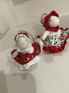 Vintage RUSS Plush Cloth Mice Mouse Ornament LOT 2 Christmas Dresses Bonnets - Picture 1 of 13