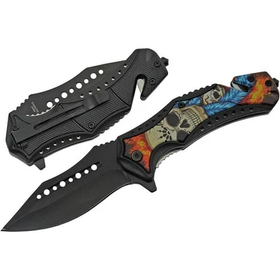 4.5in Blue Sugar Skull Folding Knife Liner Lock Stainless Steel Blade with Clip - Image 1 of 4