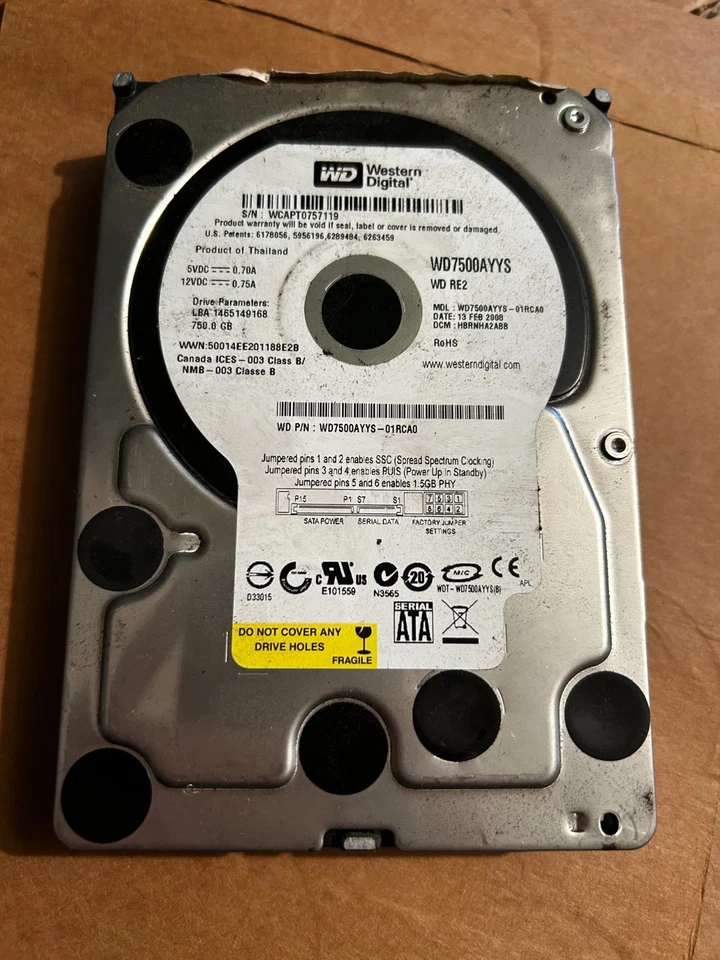 Western Digital 750GB SATA HDD - WD7500AYYS-01RCA0 - Image 1 of 1