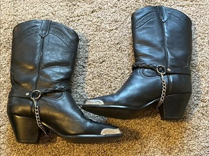 Vtg Womens Cowboy Boots Size 7 Silver Toe Tip Harness Chain ACME Y2K 80s 90s - Picture 1 of 6