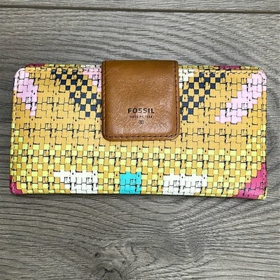 NWOT Fossil Long Bifold Wallet Weave Design Yellow Brown - Image 1 of 4