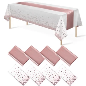 8Pack Disposable Plastic Tablecloths and Satin Table Runner Set White and Ros... - Picture 1 of 7