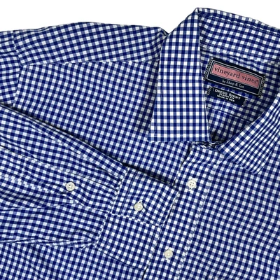 Camisa Vineyard Vines Para Hombres 17 Vestido Calce Clásico Manga Larga Cuadros Guinga Azul Foto 1 de 4