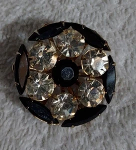 Round Black And Clear Stone Brooch w/ Goldtone Back - Picture 1 of 3