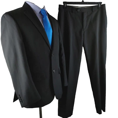Pronto Uomo 39R Wool Blend 2 Button Black 2pc Suit 34x31 Flat Front - Image 1 of 4