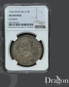1926 VENEZUELA 5 BOLÍVARES SILVER COIN AU DETAILS 0.900 Silver NGC 🇻🇪🐉 - Picture 1 of 4