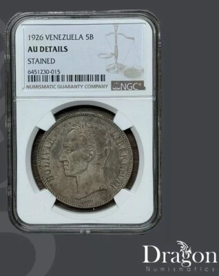 MONEDA DE PLATA 5 BOLÍVARES VENEZUELA 1926 DETALLES AU PLATA 0,900 NGC 🐉 Foto 1 de 4