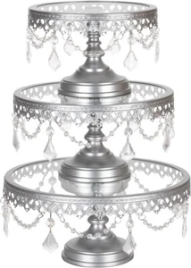 Amalfi Decor Silver Cake Stand Set of 3 with Glass Tops and Crystals - With Box - Picture 1 of 7