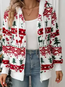 Christmas Print Women's Warm Long Sleeve Jacket - Picture 1 of 7