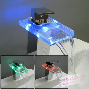 Badezimmer LED Wasserfall Waschtischarmatur Farbwechsel Waschtischarmatur Glasarmatur - Bild 1 von 6