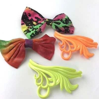 Vtg lot 80's 90s Neon Colorful Bow Barrette plastic fabric Boho Hair Accessory - Image 1 of 4