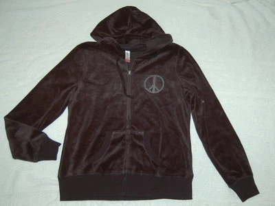 JR женщин черный с заклепками мира знак куртка с капюшоном ребристый талии велюр M 7-9 - Изображение 1 из 2