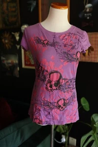 Y2K Ransom Goth Punk Grunge Mall Goth Skull Purple Pink Shirt Size M Glitter - Picture 1 of 9