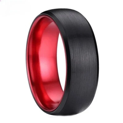 8MM Tungsten Carbide Ring for Men & Women Black Brushed Polished Red Inside Ring - Image 1 of 3