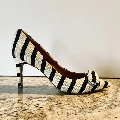 J. Zapatos de tacón alto Crew Factory para mujer con lazo a rayas blanco roto y azul marino talla 7,5 Foto 1 de 4