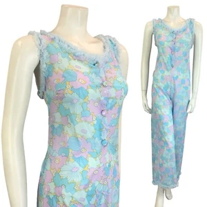 VTG 60ER 70ER BLAU FLIEDER LILA BLUMEN RÜSCHEN NACHTWÄSCHE NACHTHEMD JUMPSUIT 8 - Bild 1 von 10