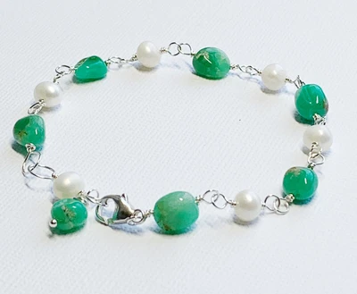 Pulsera estilo catálogo esterlina perla agua dulce crisoprasa verde manzana estilo novia Foto 1 de 3