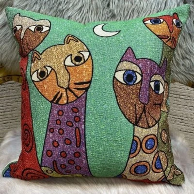 Contemporary Gobelin Tapestry Cats Pillow Cover,Curious Kittens Belgian Tapestry - Image 1 of 4