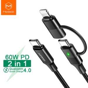 MCDODO 2 in 1 USB for iPhone and USB C Cable 60W PD QC4.0 3A Fast Charge Data - Picture 1 of 12