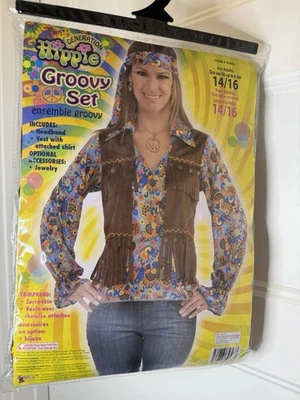 Women’s Hippie Groovy Costume Set W/ Vest, Headband, Peace Necklace, Glasses - Image 1 of 4