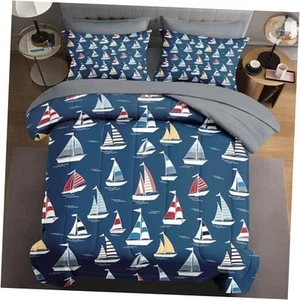 5 Pcs Twin Size Comforter Set with Pillowcase & Sham, Nautical Sea Ocean - Picture 1 of 7