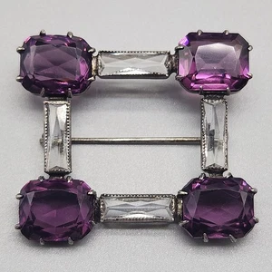 Vtg Sterling Art Deco Brooch Amethyst Glass Baguette Rhinestone Rectangle Signed - Picture 1 of 8