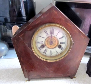 VINTAGE wooden  inlaid Mantel Clock 1930s RESTORATION PROJECT, WITH  pendulum - Picture 1 of 2
