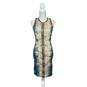 Vestido ceñido al cuerpo Roberto Cavalli talla EU 40 estampado pitón azul negro cremallera completa Y2K 2000 - Imagen 1 de 17