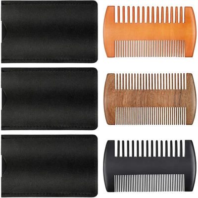 Natural Sandalwood Wooden Dual Action Beard and Mustache Comb Set with Leather C - Image 1 of 4