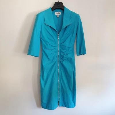 Joseph Ribkoff Dress Size 10 Bodycon Stretch Full Zip Turquoise Blue 3/4 Sleeve - Image 1 of 4