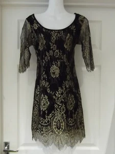 MISO Dress Black & Gold Lace Mini Dress with Stretch & Cut Out Back UK Size 10 - Picture 1 of 6