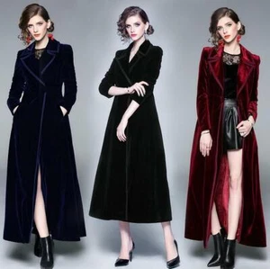 Womens Ladies Vintage Velvet Long Parka A Line Coat Elegant Maxi Jacket Casual - Picture 1 of 15