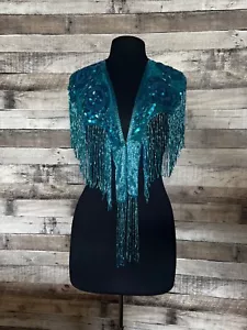 Paillettes Perline Pizzo Collare Spalla Spalla Scrollata Scialle Applique TURCHESE Western Rodeo - Foto 1 di 3