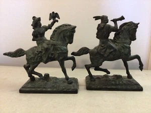 Antique Colonial Figurine Brass Bookends Maiden on Horse & Man on Horse - Picture 1 of 12