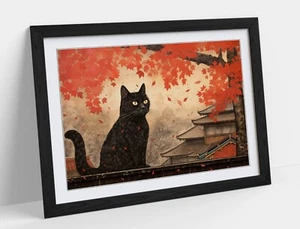 JAPANESE STYLE CAT WITH MAPLE LEAVES -FRAMED ART POSTER PAPER PRINT - Picture 1 of 10