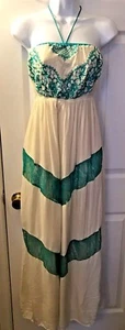 FLYING TOMATO Maxi Dress Halter Turquoise Ivory Lace Embroidered Long Sz S - Picture 1 of 7