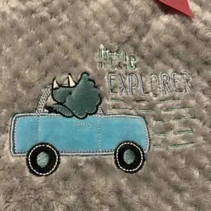 Dinosaur in Truck Little Explorer Security plush gray Blanket Baby Boy 30X40 - Picture 1 of 4