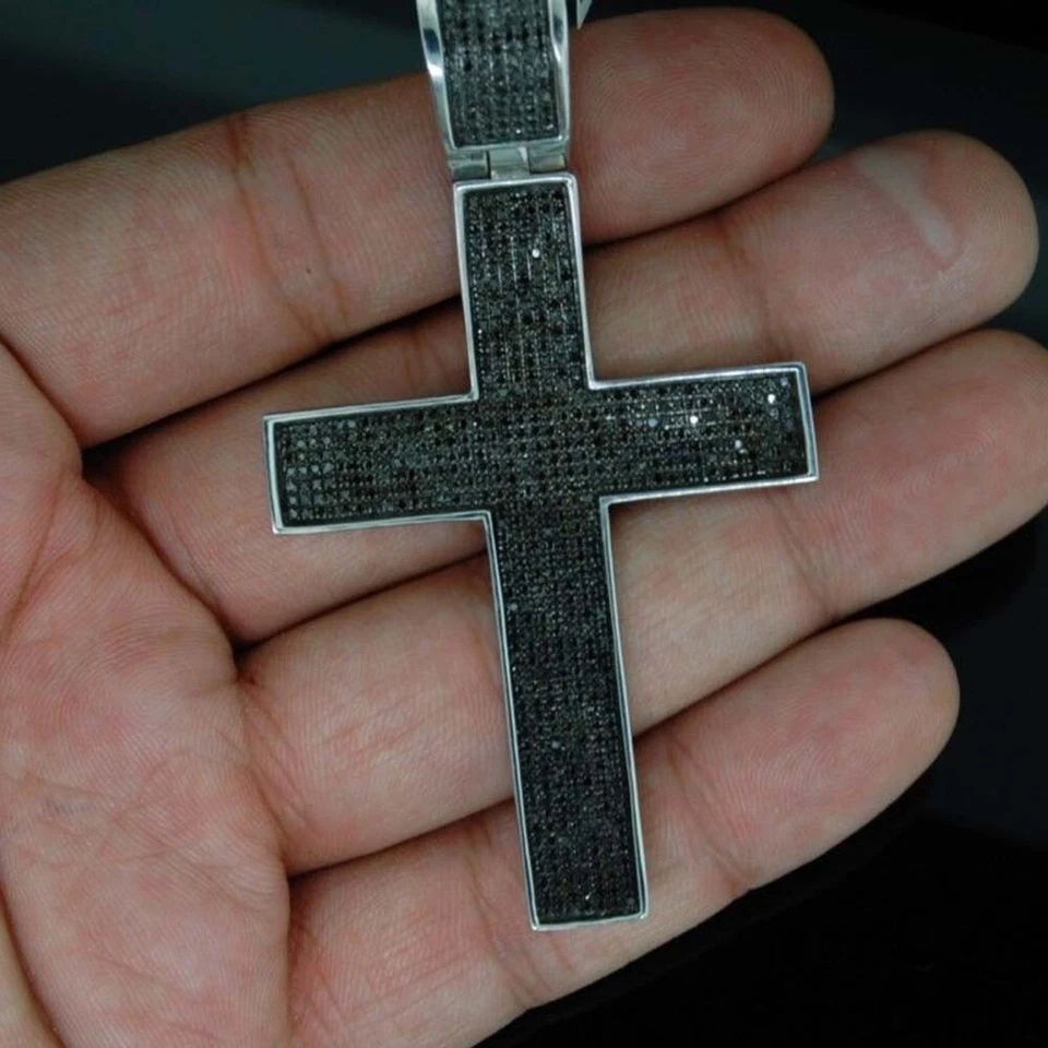 2 Ctw Black Diamond 14K White Gold Plated Pave Cross Charm Men's Pendant 3.3" - Image 1 of 4