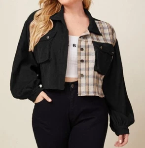 Shein schwarz kariertes Cord Oversize Crop Sakko mit Knopfleiste Größe M - Bild 1 von 9