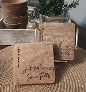 Set of 4 Industrial Wood Metal Coasters Sioux Falls South Dakota Beverage Trivet - Picture 1 of 5