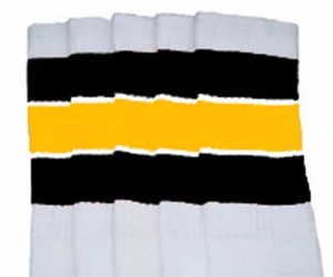 22 Zoll KNIEHOHE WEISSE Röhrensocken mit SCHWARZ/GOLD Streifen Stil 5 (22-151) - Bild 1 von 1
