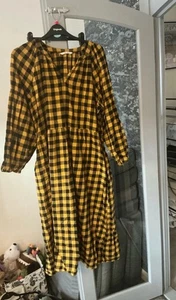 Mustard Yellow Black Gingham Dress Prairie Check 100% Cotton Smock 20 Pockets - Picture 1 of 4