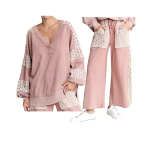 Jher Mineral Lavado Rosa Claro Malva Floral Margarita Encaje Crochet Athleisure Set Lg - Imagen 1 de 7