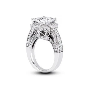 3.83ct E-VS1 Princess Natural Certified Diamonds 14k Gold Halo Side Stone Ring - Picture 1 of 3